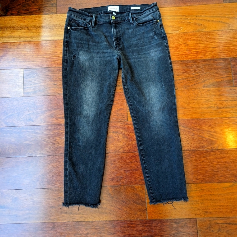 Frame Denim Le Garcon Crop Jeans Frayed Hem Black 29